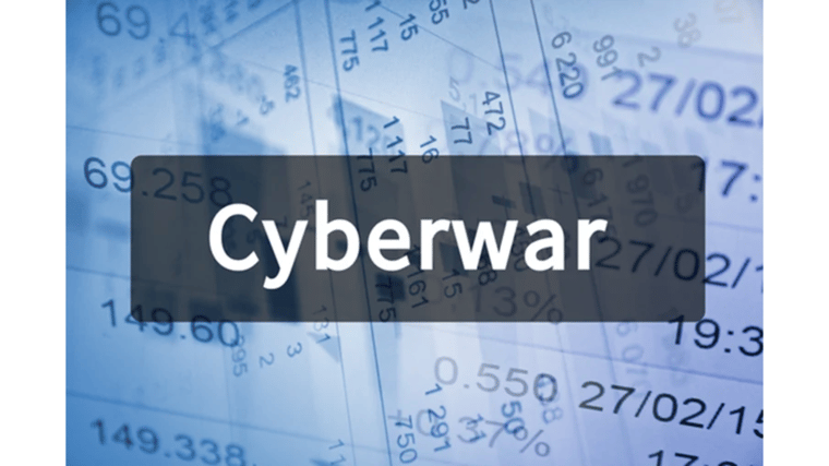 Cyberwar highlighted in dark gray in front of a light blue computer screen
