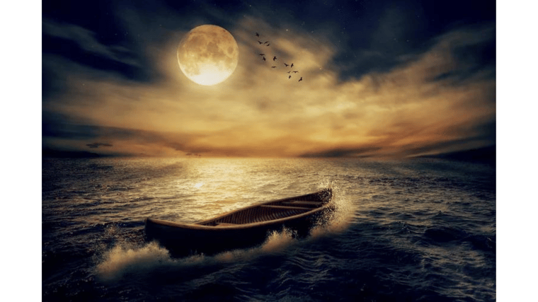 row boat on the ocean with full moon