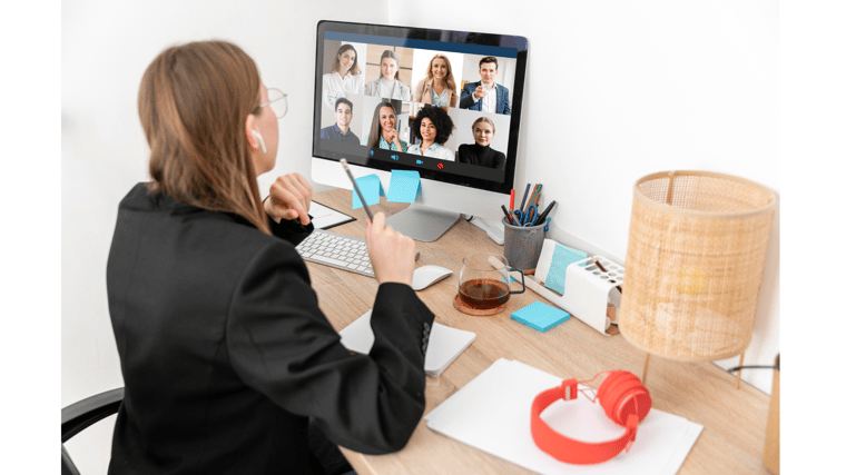 woman using Microsoft Teams channels chats group meeting