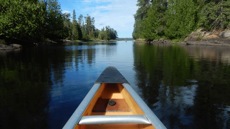 Bow of canoe on Minnesota lake with green trees