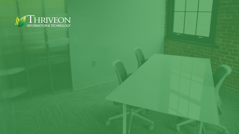 green overlay with a conference room with 3 empty chairs and Thriveon logo