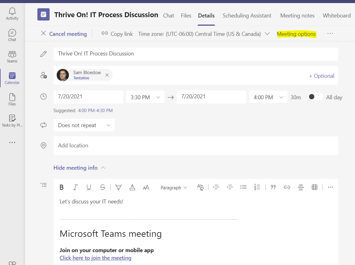 Screen shot of meeting details in Microsoft Teams