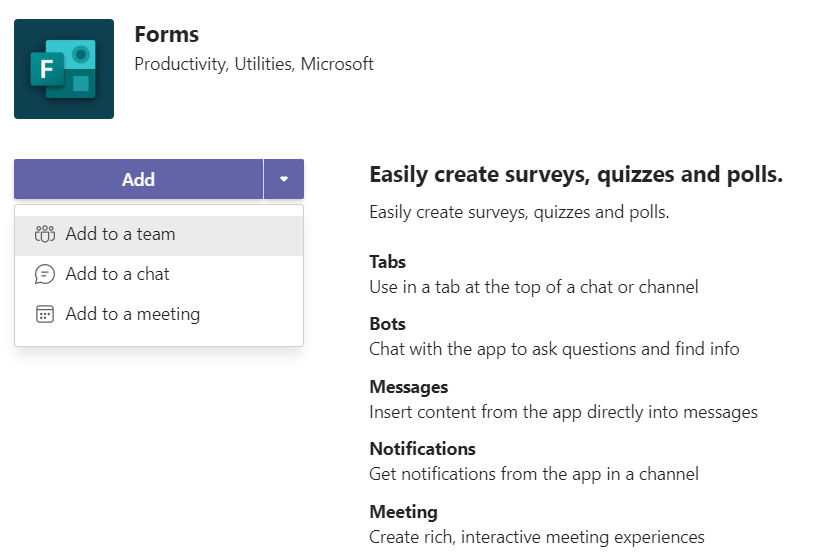 Screen shot of how to add Microsoft Forms to a team, chat or meeting