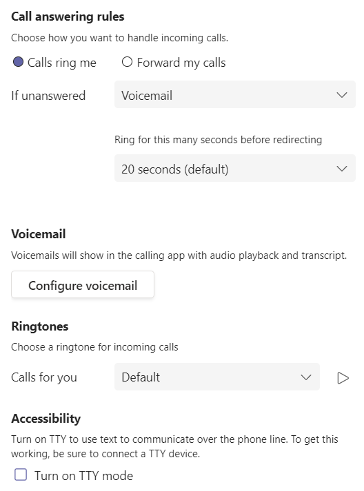screenshot of microsoft teams call settings