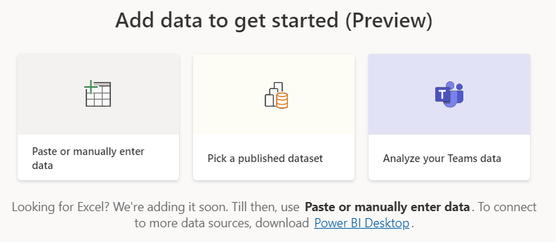 screen shot of datasets in Power BI and Teams